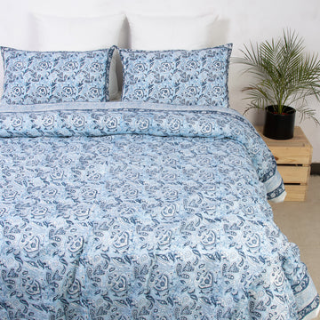 Blue Hand Block Floral Queen Size Duvet Cover & Shams