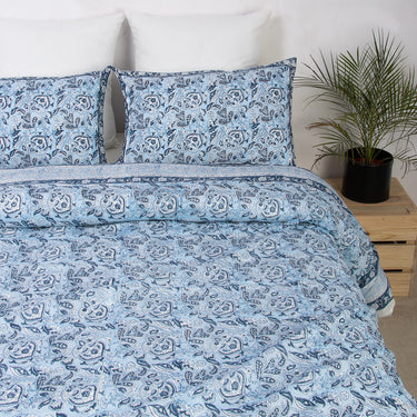 Blue Hand Block Floral Queen Size Duvet Cover & Shams