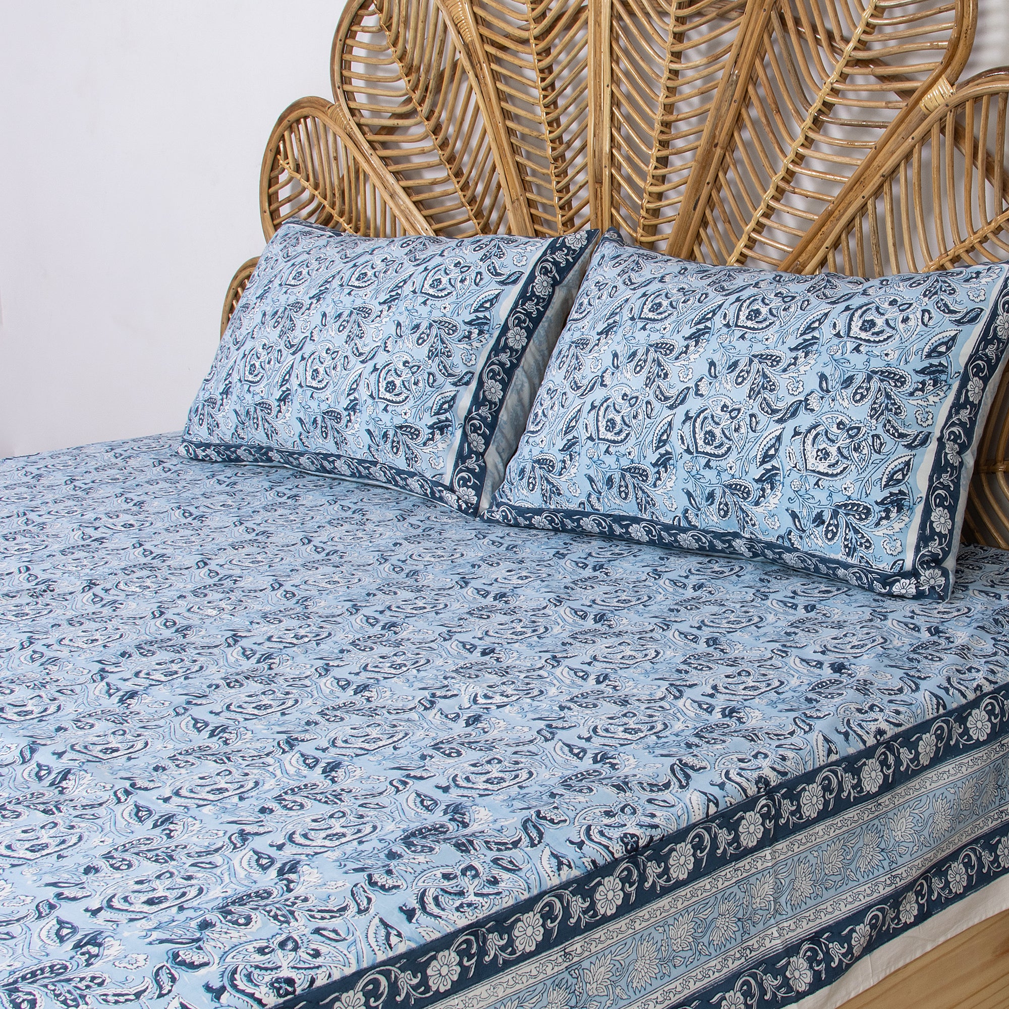 Sky Blue Hand Block Print Soft Cotton Single and Double Bedsheet
