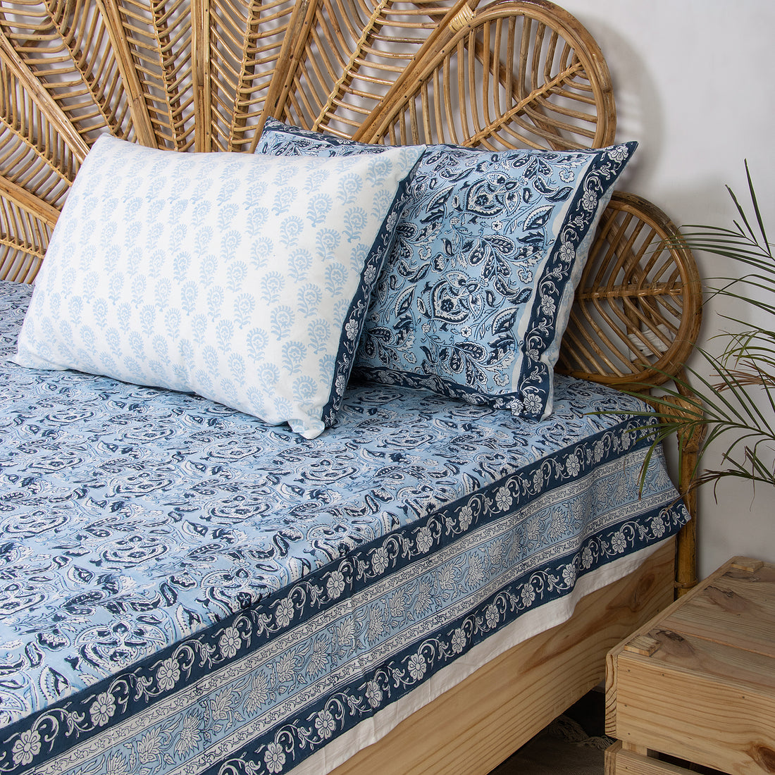 Sky Blue Hand Block Print Soft Cotton Single and Double Bedsheet