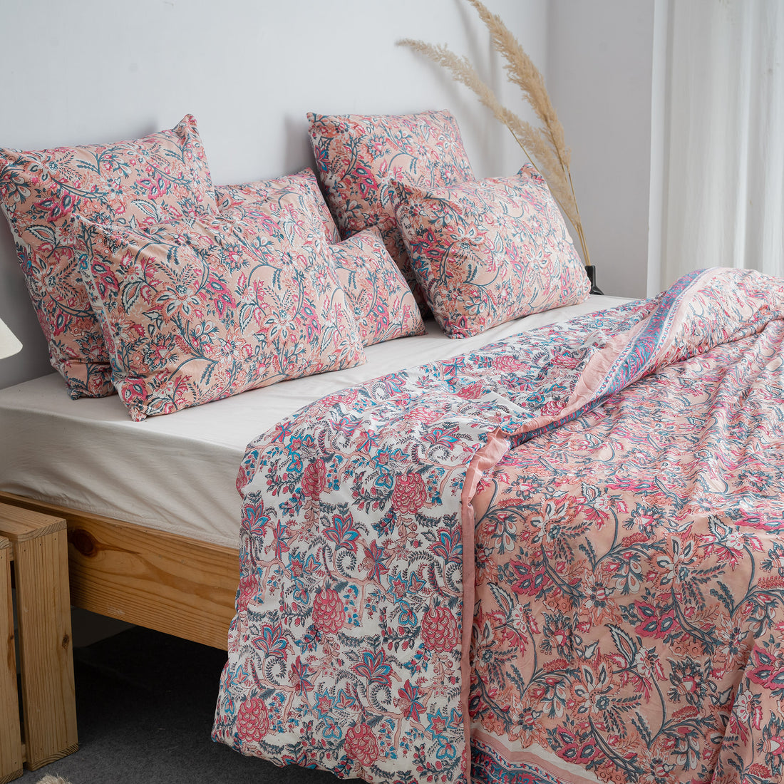 Royal Pink Floral Block Print Cotton Duvet Covers With Shams Online