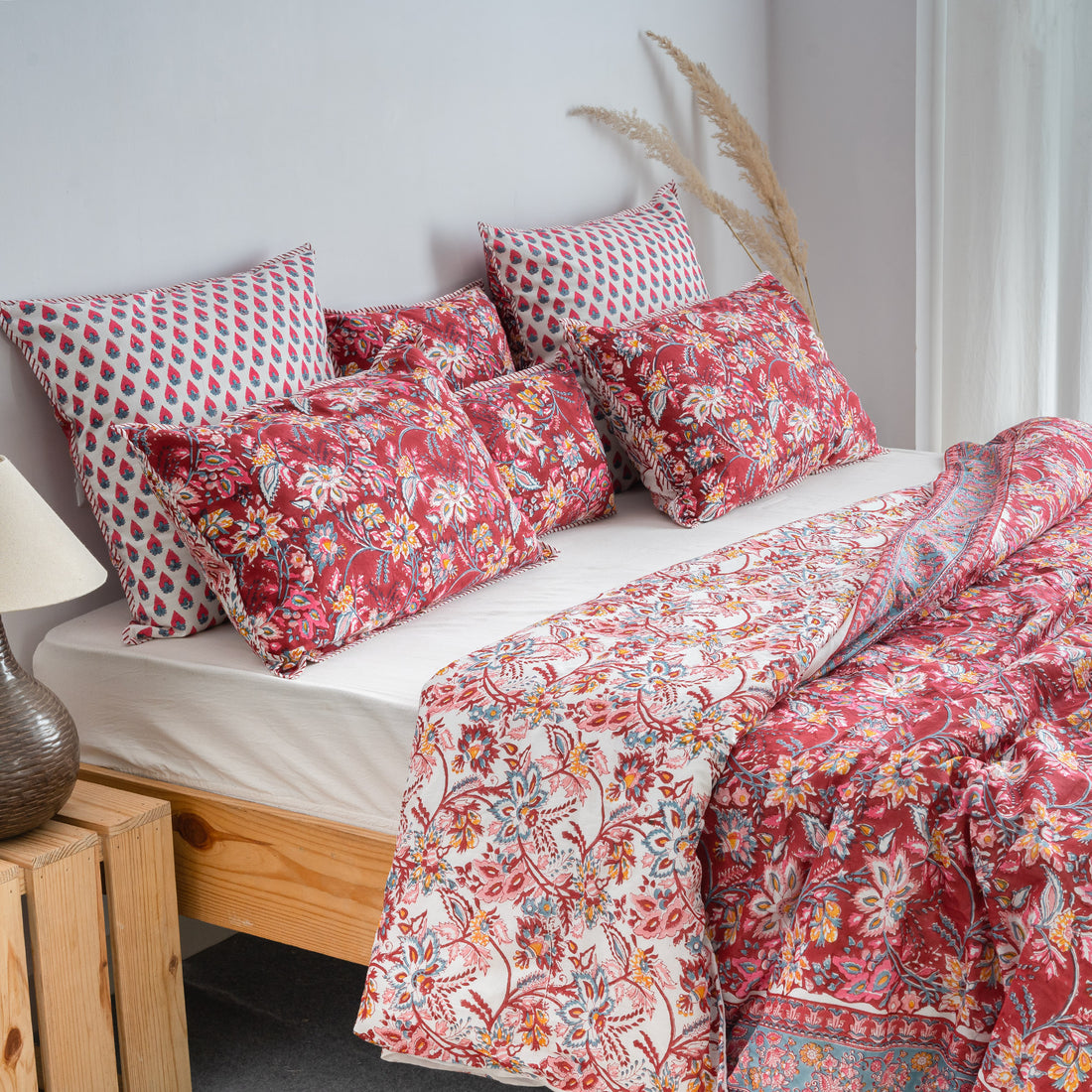 Floral Block Print Soft Cotton Duvet Blanket with Shams Online