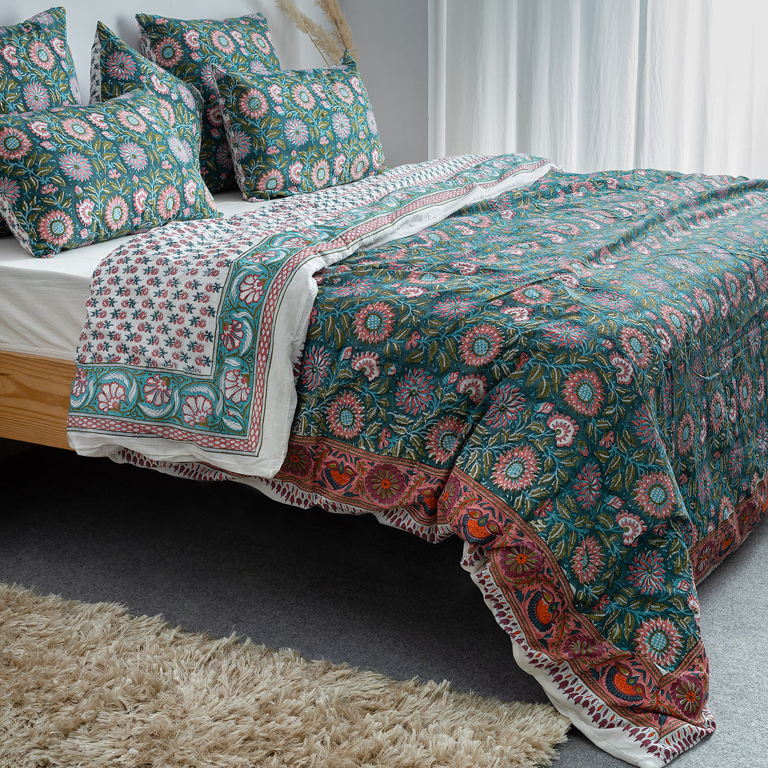 Green Floral Block Print Soft Cotton Duvet Cover Sets Online