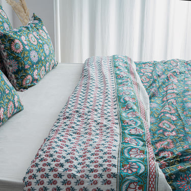Green Floral Block Print Soft Cotton Duvet Cover Sets Online