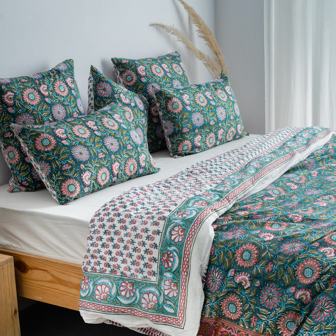 Green Floral Block Print Soft Cotton Duvet Cover Sets Online