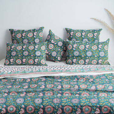 Green Floral Block Print Soft Cotton Duvet Cover Sets Online