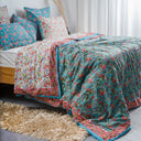 Sky Blue Floral Block Printed King Size Duvet Cover With Shams