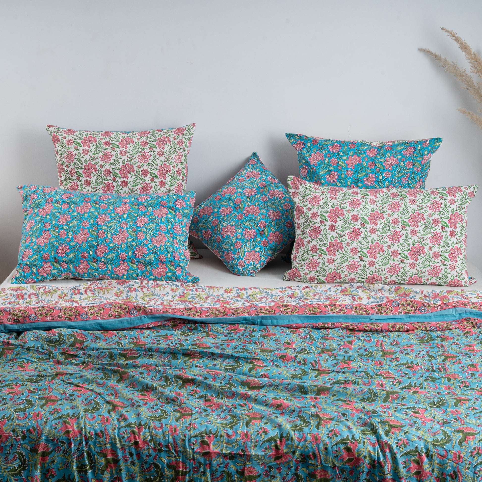 Sky Blue Floral Block Printed King Size Duvet Cover With Shams