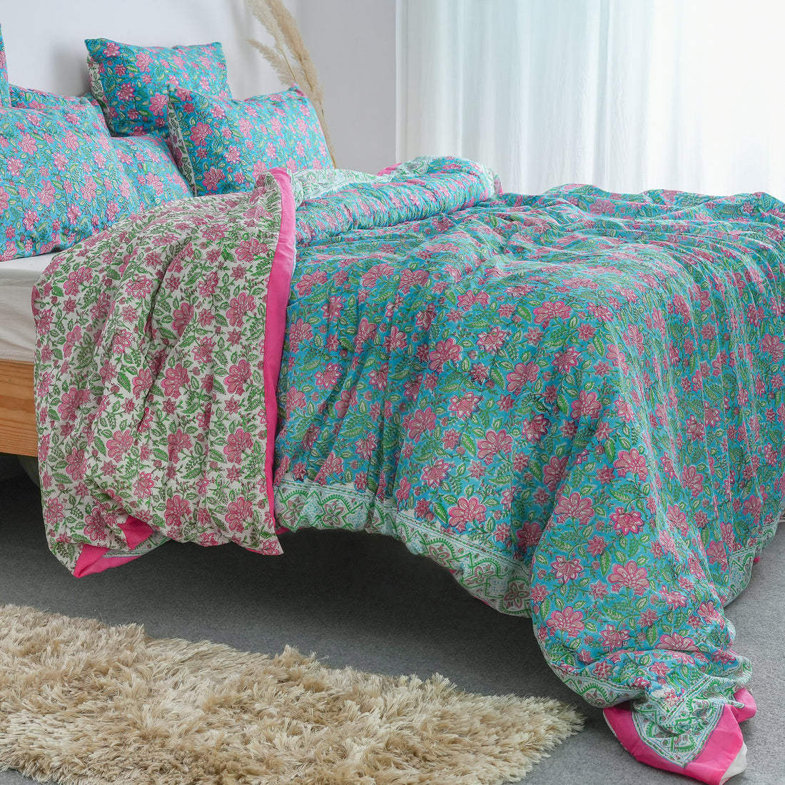 Sky Blue Floral Block Print Cotton Duvet Cover With Shams