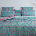 Sky Blue Floral Block Print Cotton Duvet Cover With Shams