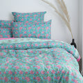 Sky Blue Floral Block Print Cotton Duvet Cover With Shams