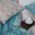 Sky Blue Floral Block Print Cotton Duvet Cover With Shams