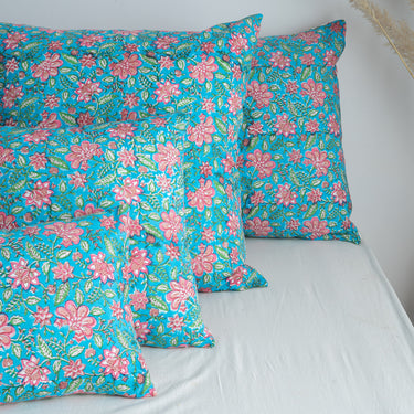 Sky Blue Floral Block Print Cotton Duvet Cover With Shams