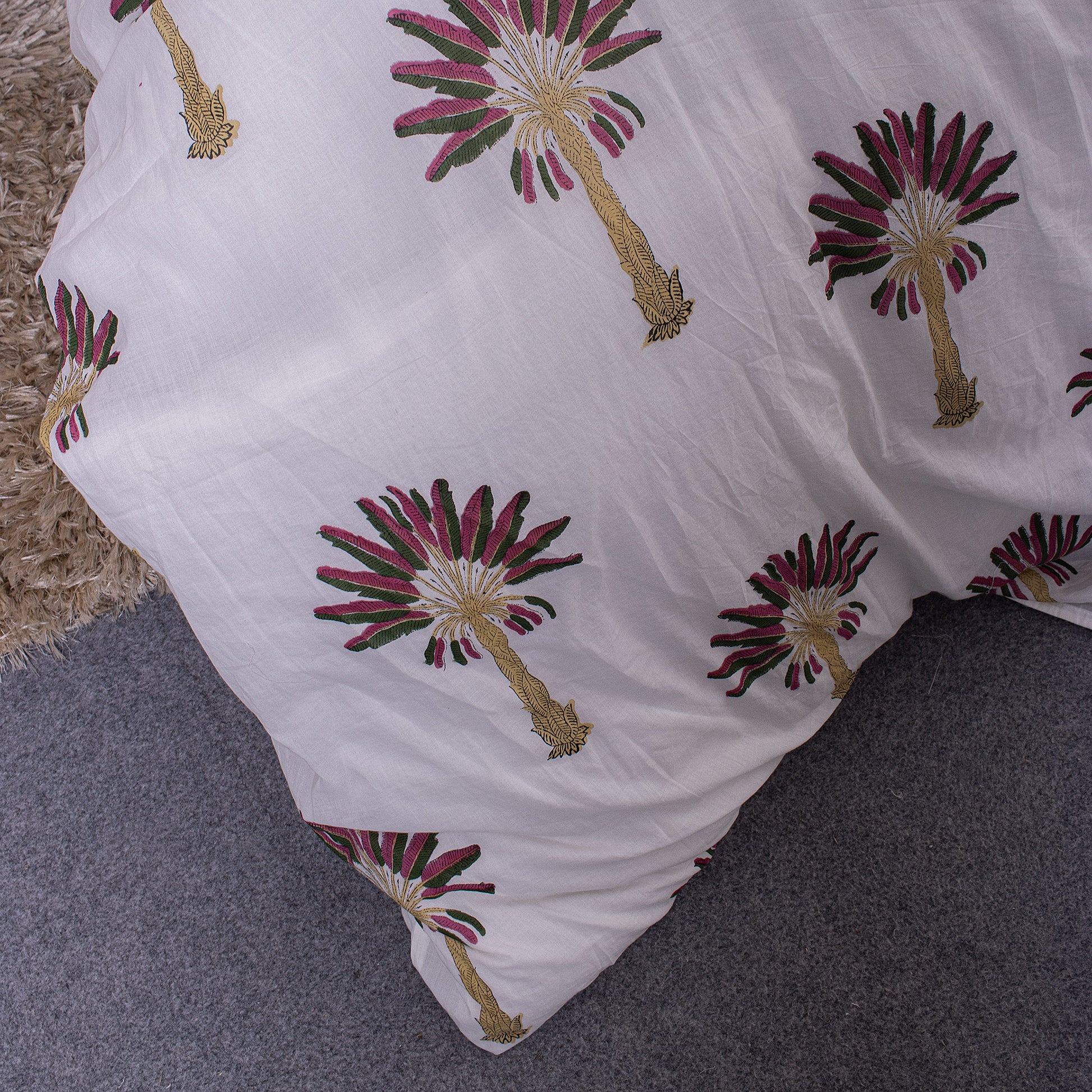 Hand Block Palm Tree Printed Cotton Duvet Blanket with Shams