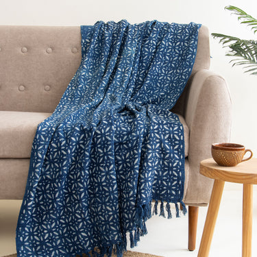 Blue Floral Cotton Block Print Throws Online