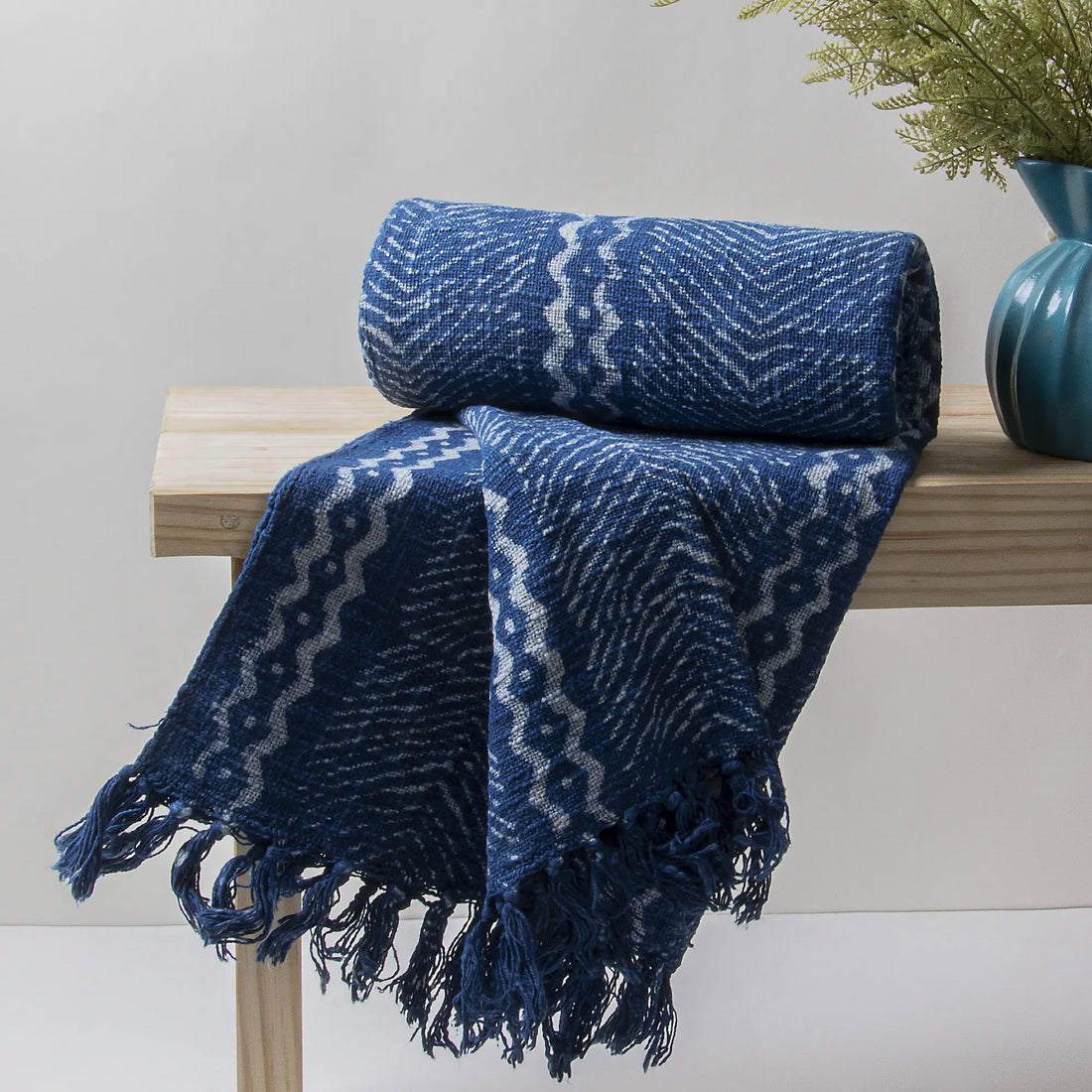 Blue Hand Block Wave Print Cotton Throws For Sofas