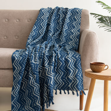 Blue Hand Block Print Cotton Sofa Throws