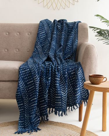 Blue Block Print Soft Cotton Throws for Sofas