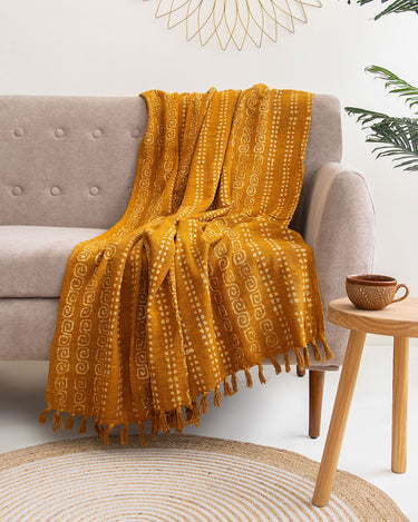 Mustard Hand Block Print Sofa Throw Blanket
