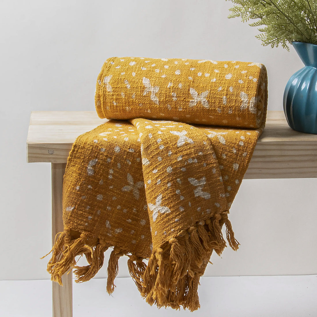 Mustard Star Hand Block Print Couch Throw Blanket