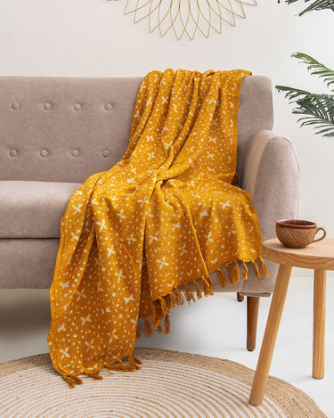 Mustard Star Hand Block Print Couch Throw Blanket