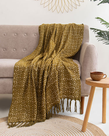 Green Hand Block Floral Print Sofa Throw Blanket