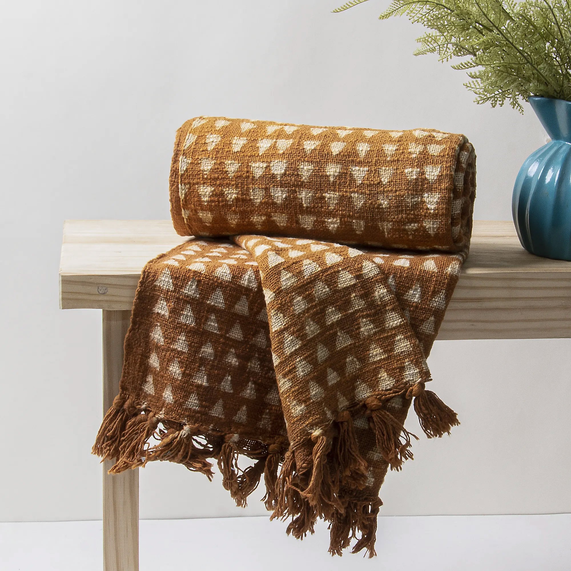 Brown Hand Block Geometrical Print Soft Sofa Blanket Online