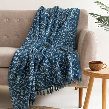 Blue Floral Handmade Hand Block Print Throw Blanket