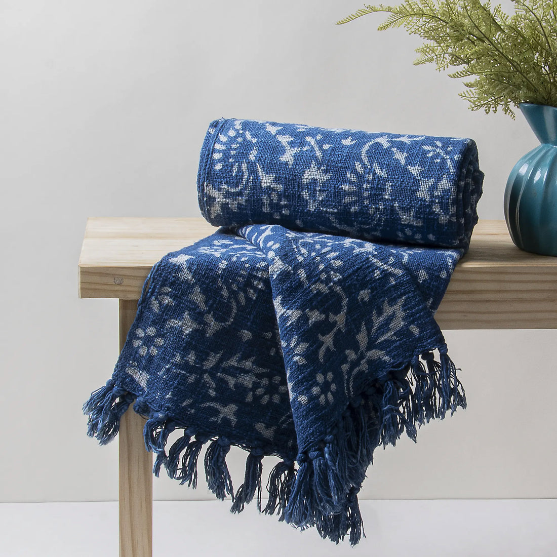 Blue Floral Handmade Hand Block Print Throw Blanket