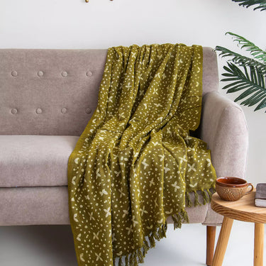 Green Floral Block Print Handcrafted Sofa Throw 
