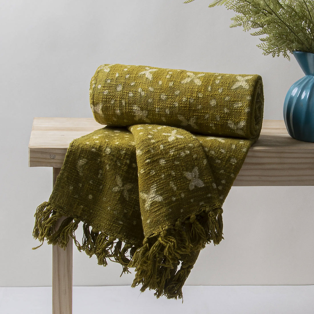Green Floral Block Print Handcrafted Sofa Throw