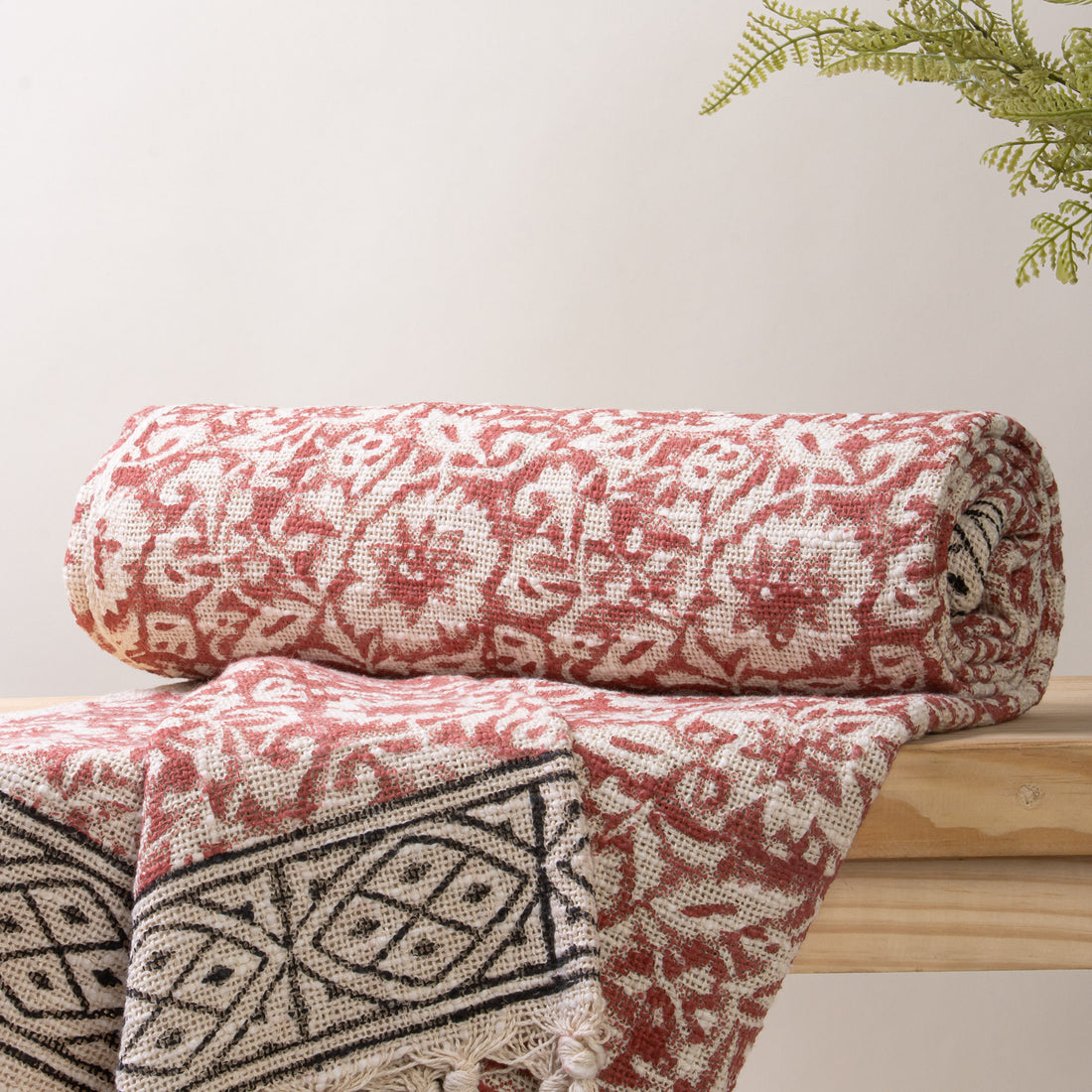 Brown Hand Block Floral Print Cotton 3 Seater Sofa Throws