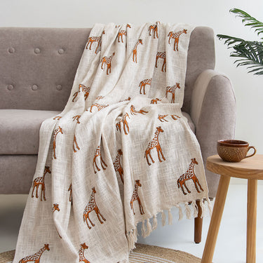 Brown Giraffe Block Print Cotton Hand Sofa Throw