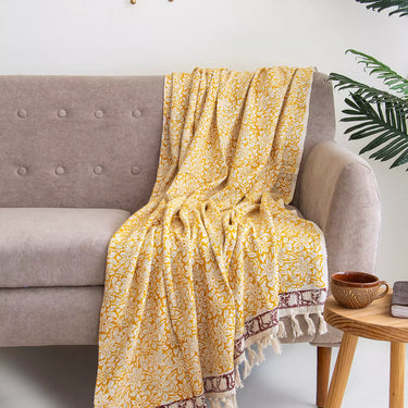 Mustard Yellow Floral Print Cotton Throw Blanket Online