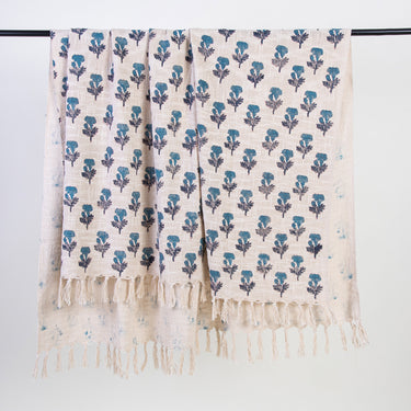 Blue Floral Hand Block Print Couch Throw Blanket