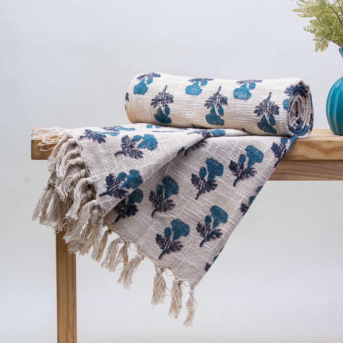 Blue Floral Hand Block Print Couch Throw Blanket Online