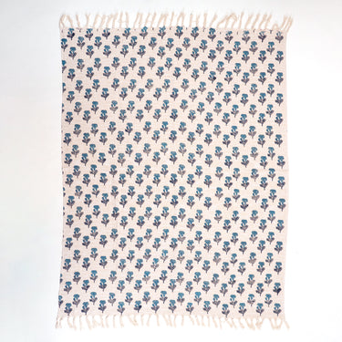 Blue Floral Hand Block Print Couch Throw Blanket