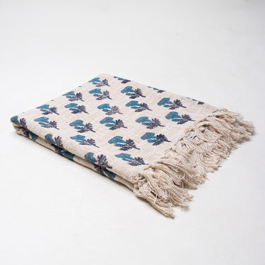 Blue Floral Hand Block Print Couch Throw Blanket
