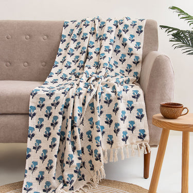 Blue Floral Hand Block Print Couch Throw Blanket Online