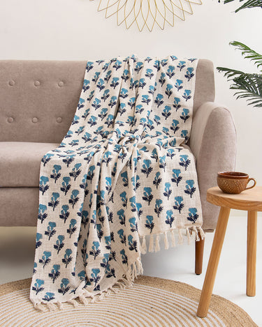Blue Floral Hand Block Print Couch Throw Blanket Online