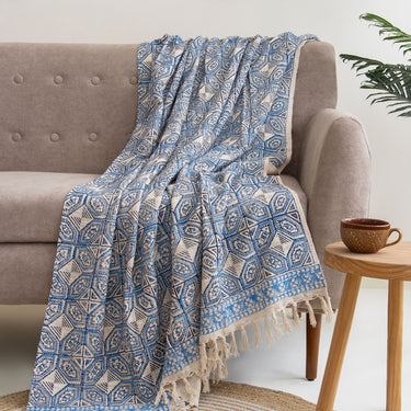 Blue Geometrical Print Hand Block Throw Blankets