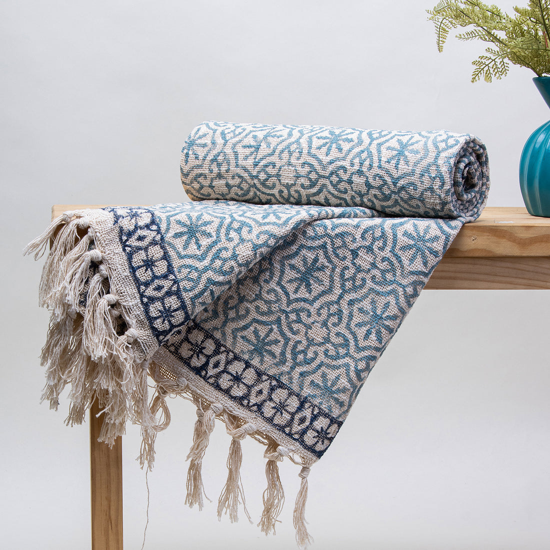 Blue Geometrical Design Hand Blockprinted Sofa Throws