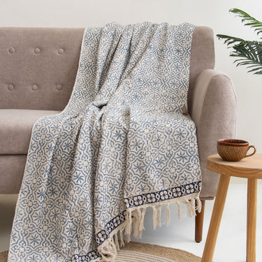 Blue Geometrical Design Hand Blockprinted Sofa Throws