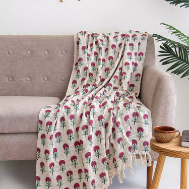Red Rose Floral Print Hand Block Sofa Throw Blankets