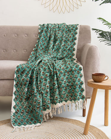 Green Rose Floral Decor Cotton Block Print Throw Blanket
