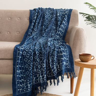 Blue Block Printed Throw Blanket For Decor Online