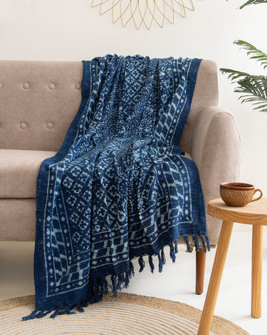 Blue Block Printed Throw Blanket For Decor Online