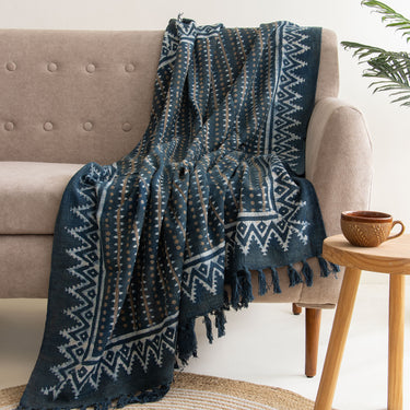 Blue Hand Block Stripes Printed Pure Cotton Throw Blankets