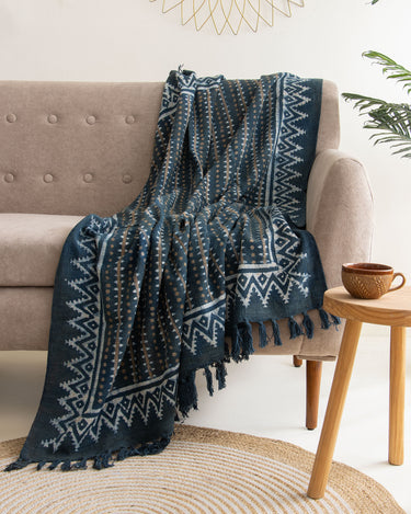 Blue Hand Block Stripes Printed Pure Cotton Throw Blankets