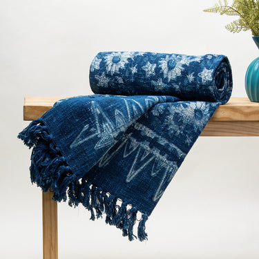 Blue Block Sun Flower Print Pure Cotton Throw Sofa Blanket